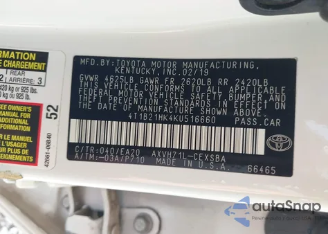 2019 Toyota Camry Hybrid Se from USA, damaged, VIN 4T1B21HK4KU516660